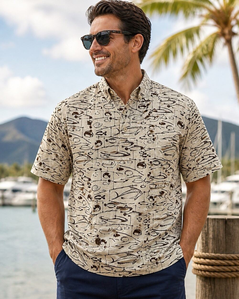 Reyn Spooner Pullover Shirt Mens XL Fishing Lure Hawaiian Cotton